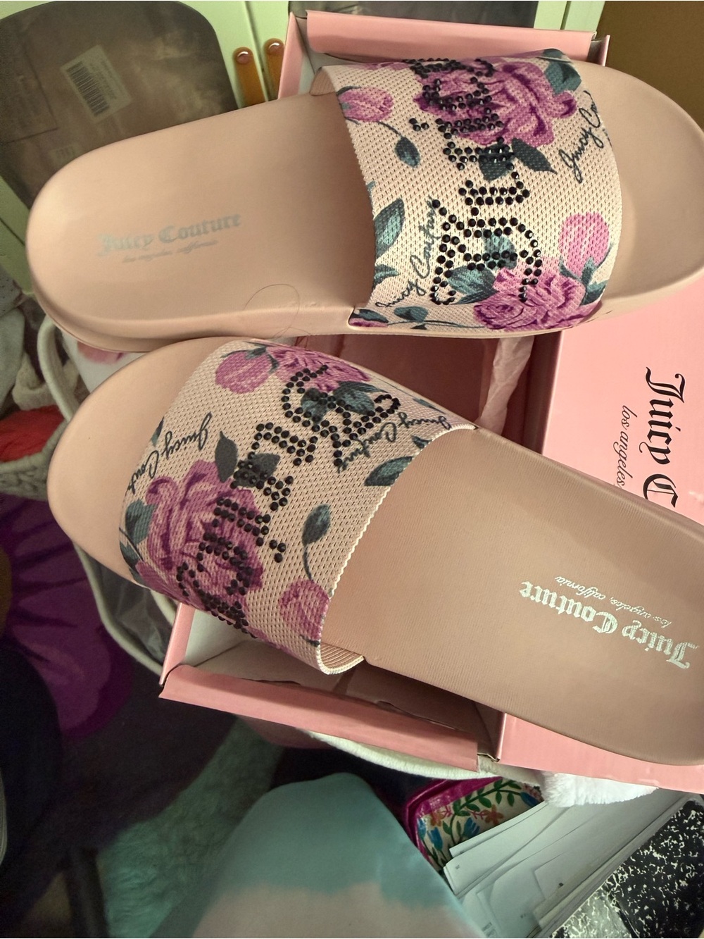 Juicy Couture Pink Floral Crystal-Embellished Slide Sandals - Picture 2 of 4